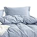 Wake In Cloud - Striped Cotton Duvet Cover Set, 100% Washed Cotton Textured Percale Bedding Set, Ticking Stripe Pinstripe Farmhouse, 3 Pieces, Denim Blue, King Size