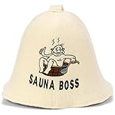 Natural Sauna Hat 'Sauna Boss' White - 100% Organic Wool Felt Hat for Russian Banya - Protects Head from Heat - eBook Guide Included - Embroidered