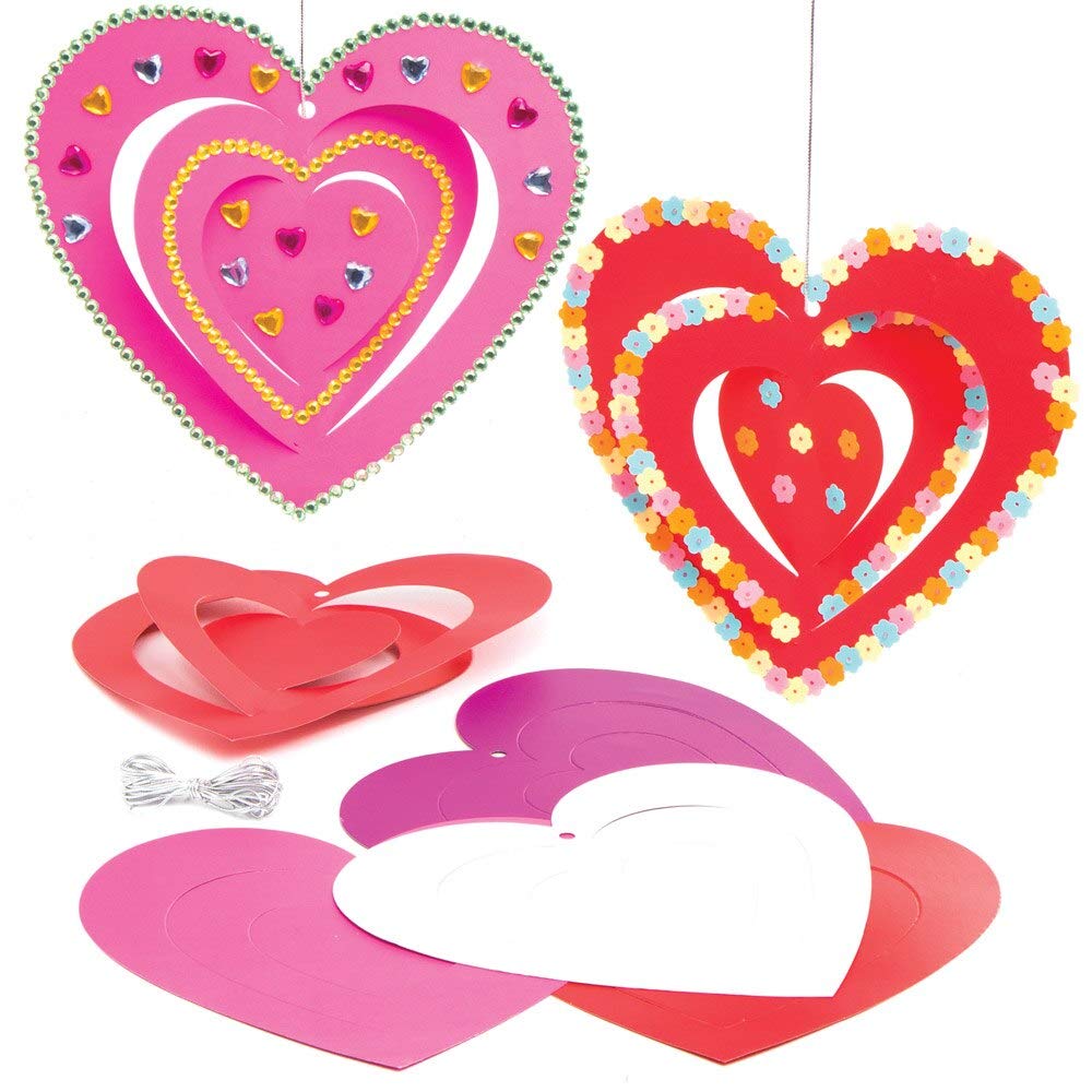 Baker Ross AT541 Heart Spiral Ornaments - Pack of 12, Creative Valentine's Day Art And Craft Supplies For Kids To Make And Decorate,Pink,purple,red,silver,white