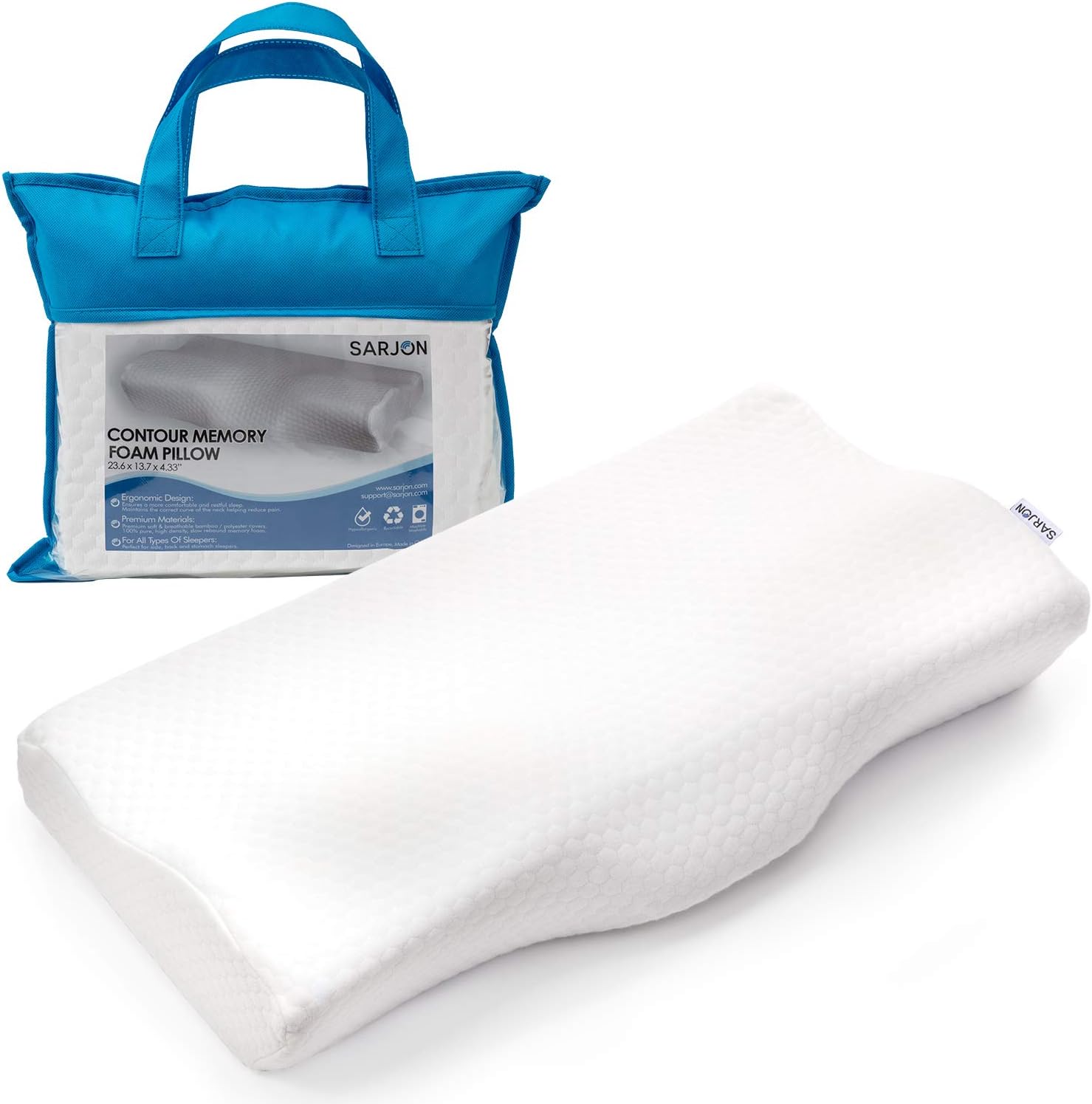 SARJON Premium Contour Memory Foam Bed Pillow - Orthopedic Cervical Sleeping Pillow for Neck Pain Relief - Ergonomic Design for Side, Back & Stomach Sleepers - Washable Bamboo Cover - Firm Queen Size: Home & Kitchen