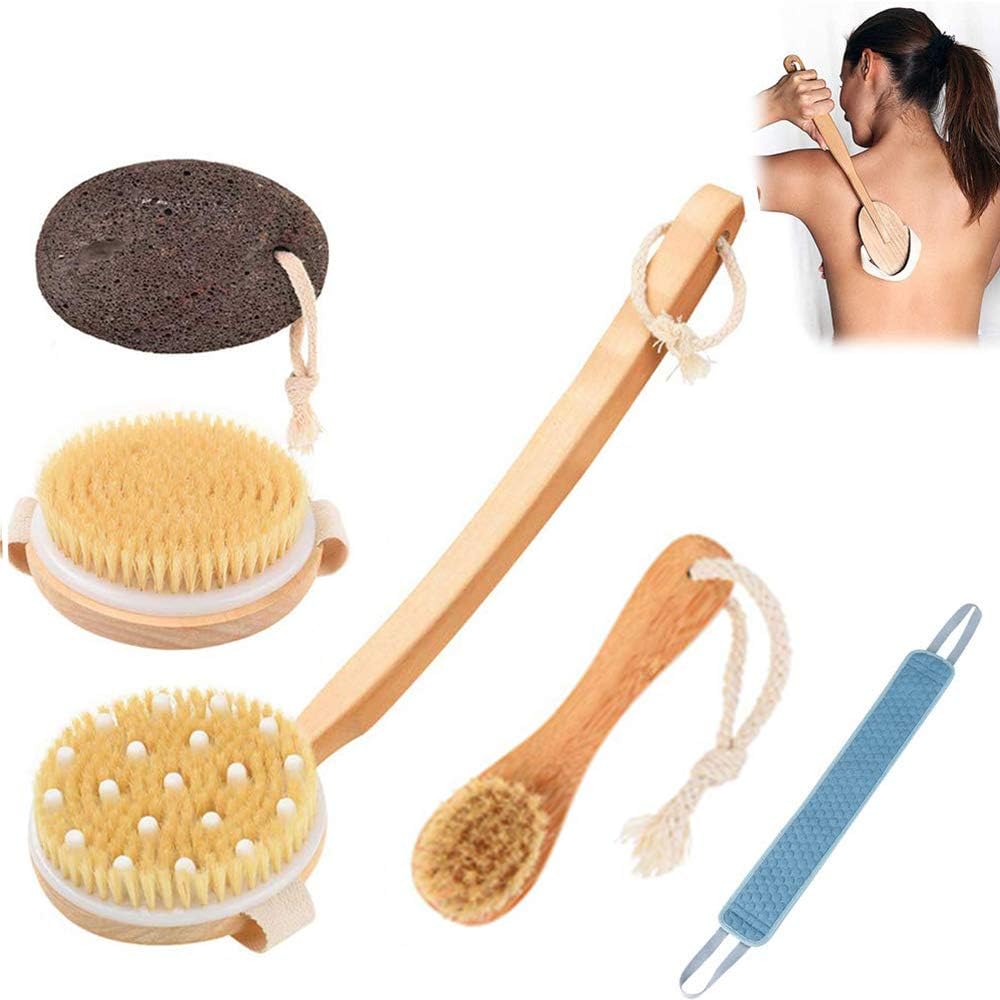 Body Exfoliator Boar Bristle Brush - Dry Body Brushing Set Best for Cellulite and Lymphatic Flow, Dry Skin Exfoliation and Relieving Pressure