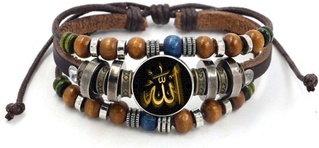 MAY HAPPY Vintage Islam Allah Beads Leather Bracelet Glass Cabochon Charm Snap Button Bracelets for Men Women Muslim Jewelry Accessories