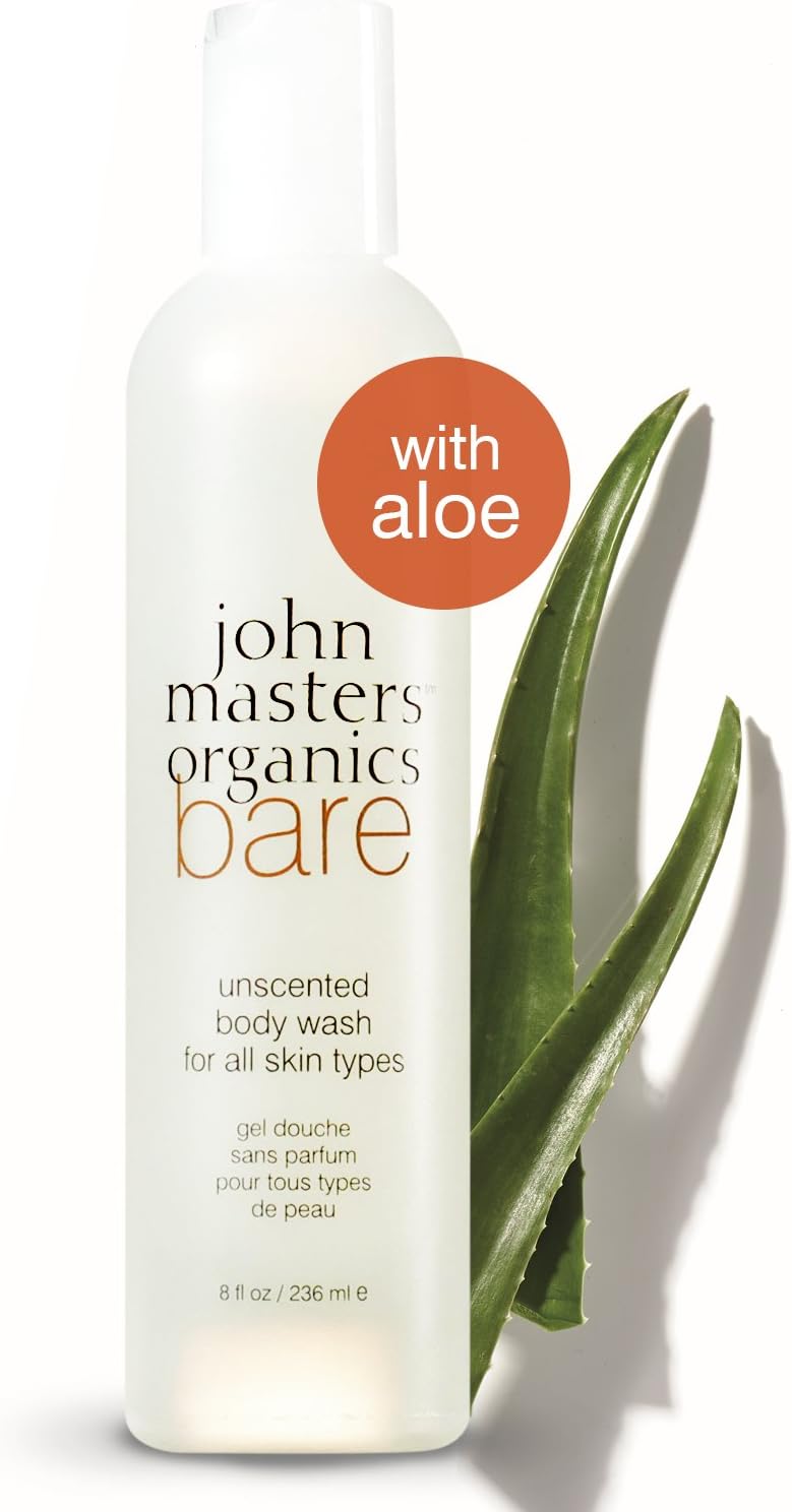 John Masters Organics - Bare Unscented Body Wash for All Skin Types - Natural Fragrance Free Gentle Foaming Cleanser with Aloe Vera for Men & Women Sensitive to Fragrances - 8 oz
