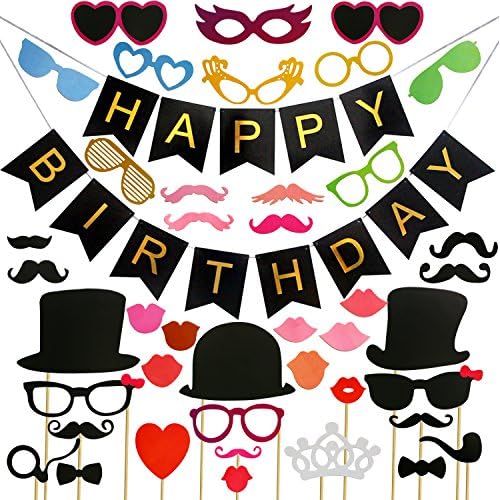 Happy Birthday Banner Banner with 44 Interesting Photo Booth Props Sponsorship Birthday Party Dress Up with Beard, Hat, Eyewear Party decorating packs