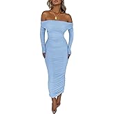 PRETTYGARDEN Women's Fall Off The Shoulder Maxi Dress Spring Long Sleeve Ruched Fitted Bodycon Club Dresses with Slit