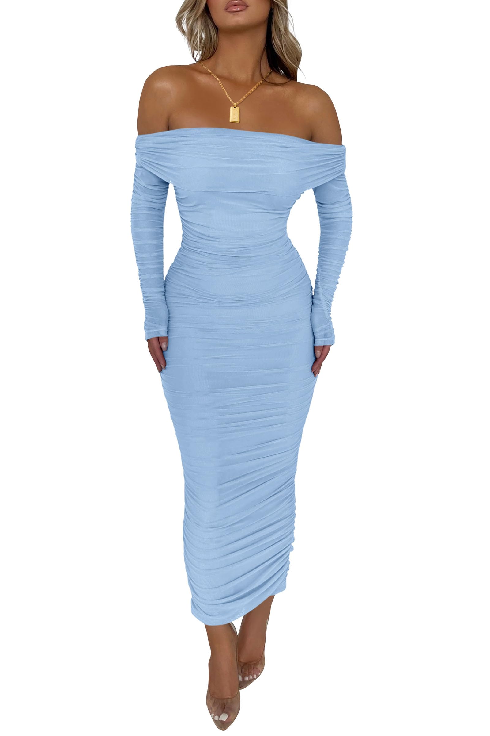 Photo 1 of PRETTYGARDEN Women's Fall Off Shoulder Maxi Bodycon Dress Long Sleeve Ruched Fitted Club Dresses with Slit (Light Blue,Medium)