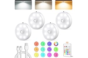 LENOMA Puck Lights with Remote Control, Rechargeable Motion Sensor Lights Indoor, 12 RGB Color LED Night Light, 3 Color Temps & Dimmable Under Cabinet Lights for Closet, Kitchen, Shelf, Stair