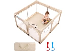 Joypony Baby Playpen, 50x50 in Small Play Pen for Babies and Toddlers, Playpen for Kids with Gate, Indoors Play Yard with Soft Breathable Mesh (Beige)