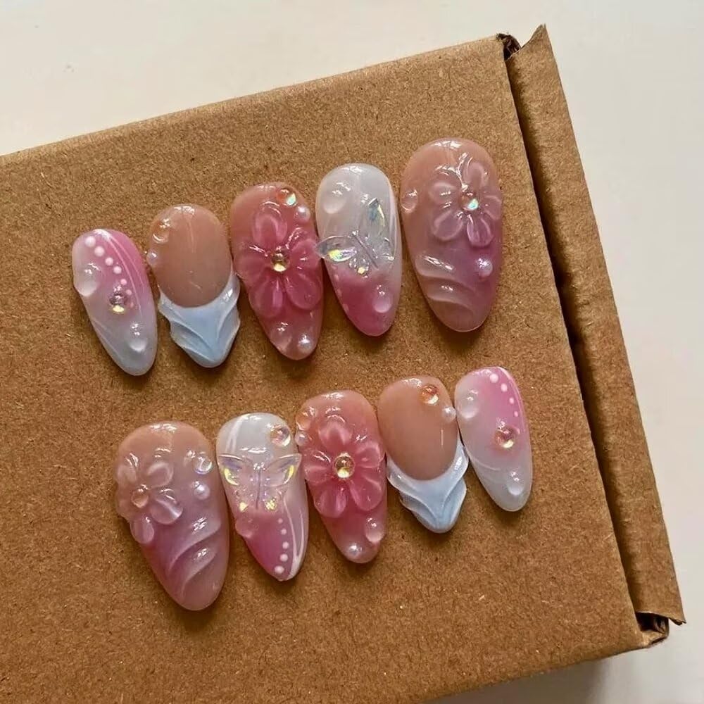 Press On Nails - Luxury Medium Almond 3D False Nails Women Reusable ABS Material Finger Printed Nail Tip French Salon Design Artificial Fingernail