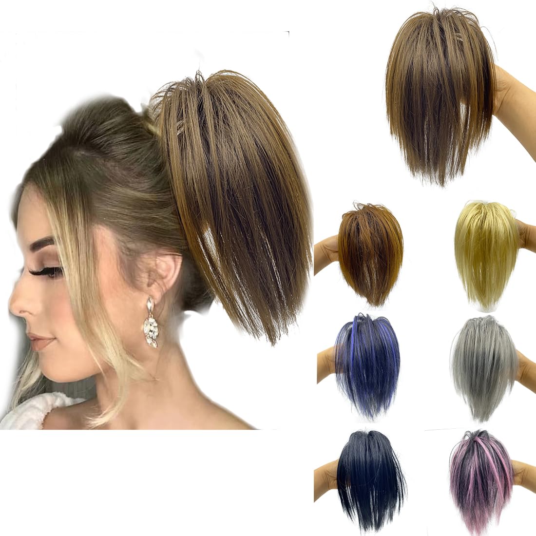 Messy Hair Highlight Ponytail Extension Claw Bun Hair Piece Elastic Drawstring Synthetic Ponytail Extension Hair Bun Extension for Women Daily Use light (Medium Brown)
