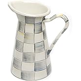 MACKENZIE-CHILDS Practical Enamel Pitcher with Spout, Drink Pitcher for Iced Tea or Water, Flower Vase, Medium, Gray-and-White Sterling Check