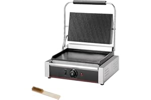 KOUWO Commercial Panini Contact Grill Large Sandwich Press Panini Maker Machine Electric With Ribbed Top And Bottom Plate (Ribbed Top&Smooth Bottom)