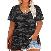CARCOS Womens Plus Size Tops Basic Summer Shirts Short Sleeve V Neck Tunics Casual T-Shirt Loose Fits XL-5XL