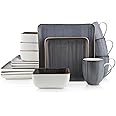 Stone Lain Esmeralda Porcelain Dinnerware Set, Service for 4, 16 Pieces Square Grey Brushed Design