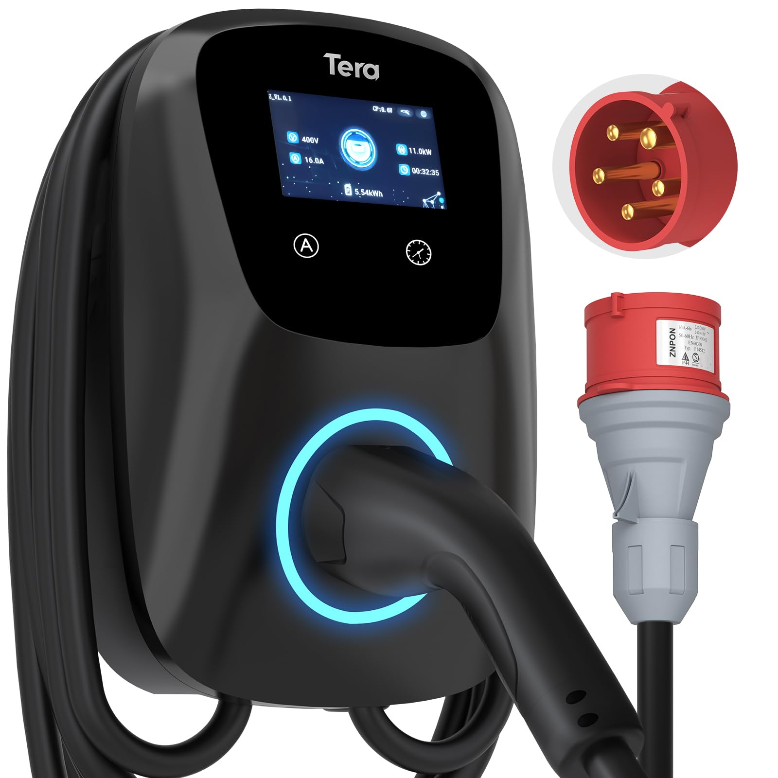 Tera Smart EV Ladegerät Typ 2 Wallbox mit APP 11kW 16A 400V CE&TÜV mit Wlan & Bluetooth 7m Ladekabel mit Ladegerätehalter Heim Wallbox CEE 3-Phasen Stecker für EVs & PHEV W01 Schwarz