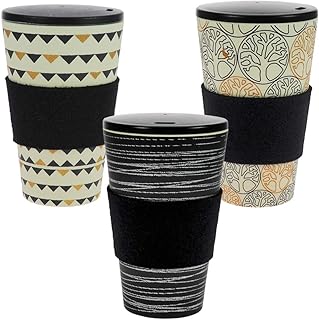 ebos 3er-Set Bambus Coffee-to-Go-Becher | Schraubdeckel, Wollfilz-Griffring, Kaffee-Becher, wiederverwendbar, umweltfreundlich, spülmaschinengeeignet (O.L.E, Gardenparty, Baum d. Lebens Black&Gold)
