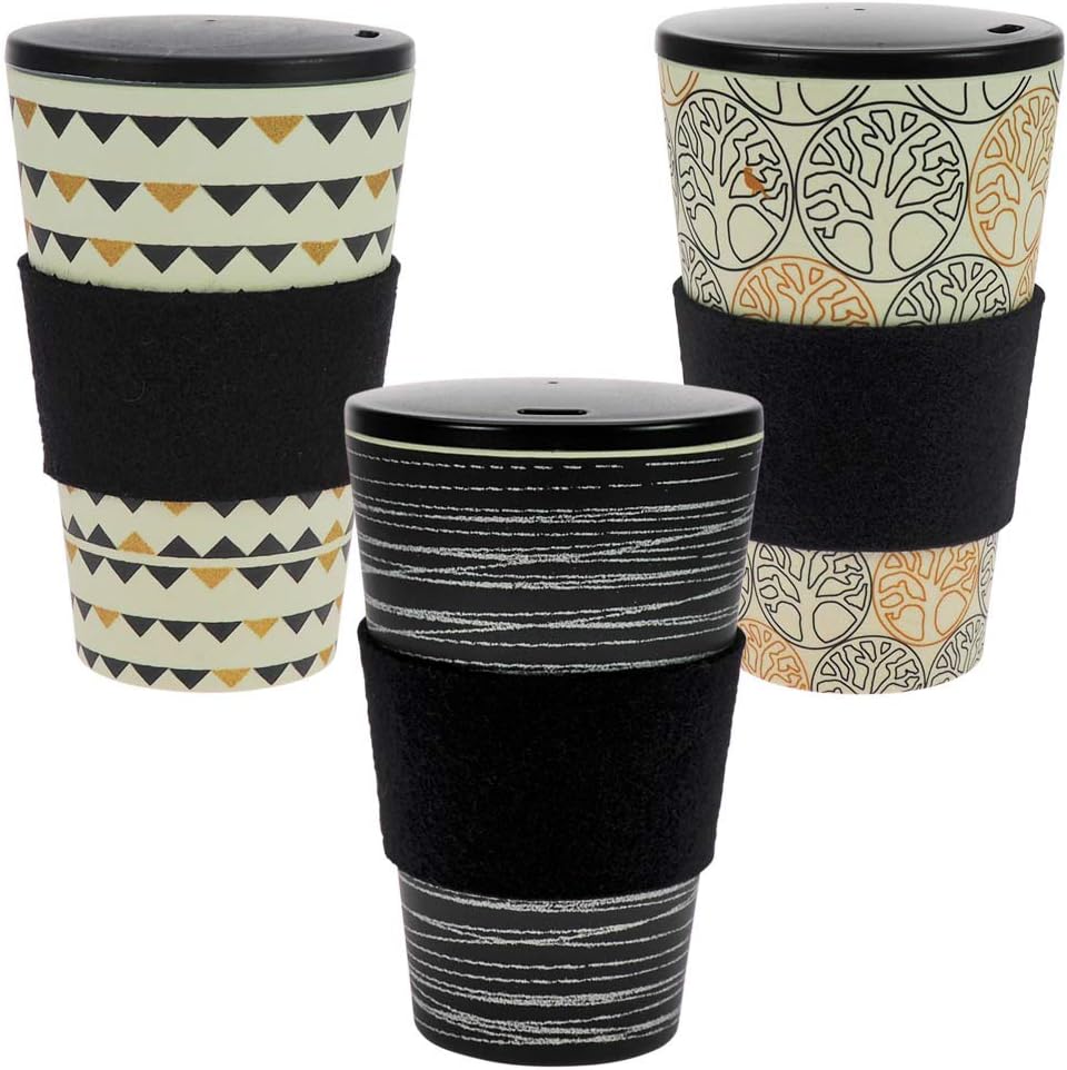 ebos 3er-Set Bambus Coffee-to-Go-Becher | Schraubdeckel, Wollfilz-Griffring, Kaffee-Becher, wiederverwendbar, umweltfreundlich, spülmaschinengeeignet (O.L.E, Gardenparty, Baum d. Lebens Black&Gold)