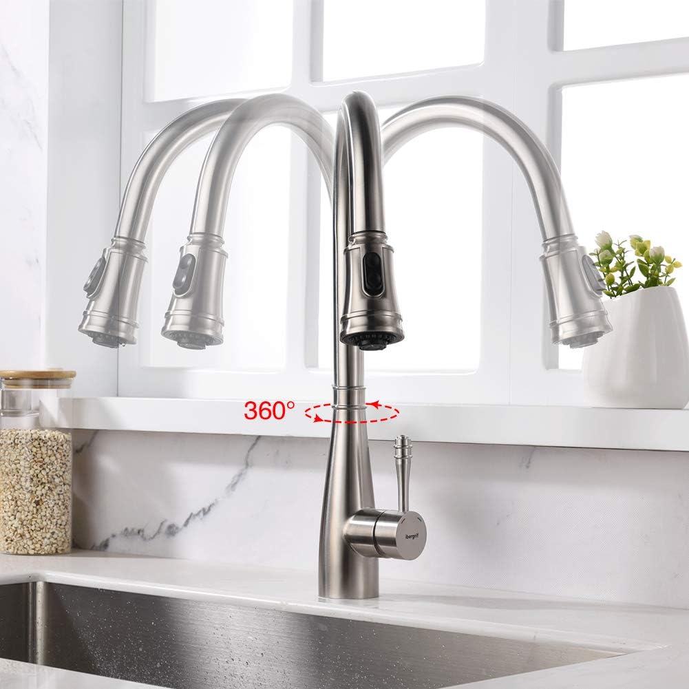 Ibergrif, Pull-Out Kitchen Mixer with Hand Shower, Single Lever Sink Mixer, Brushed Nickel, Grey - Image 5