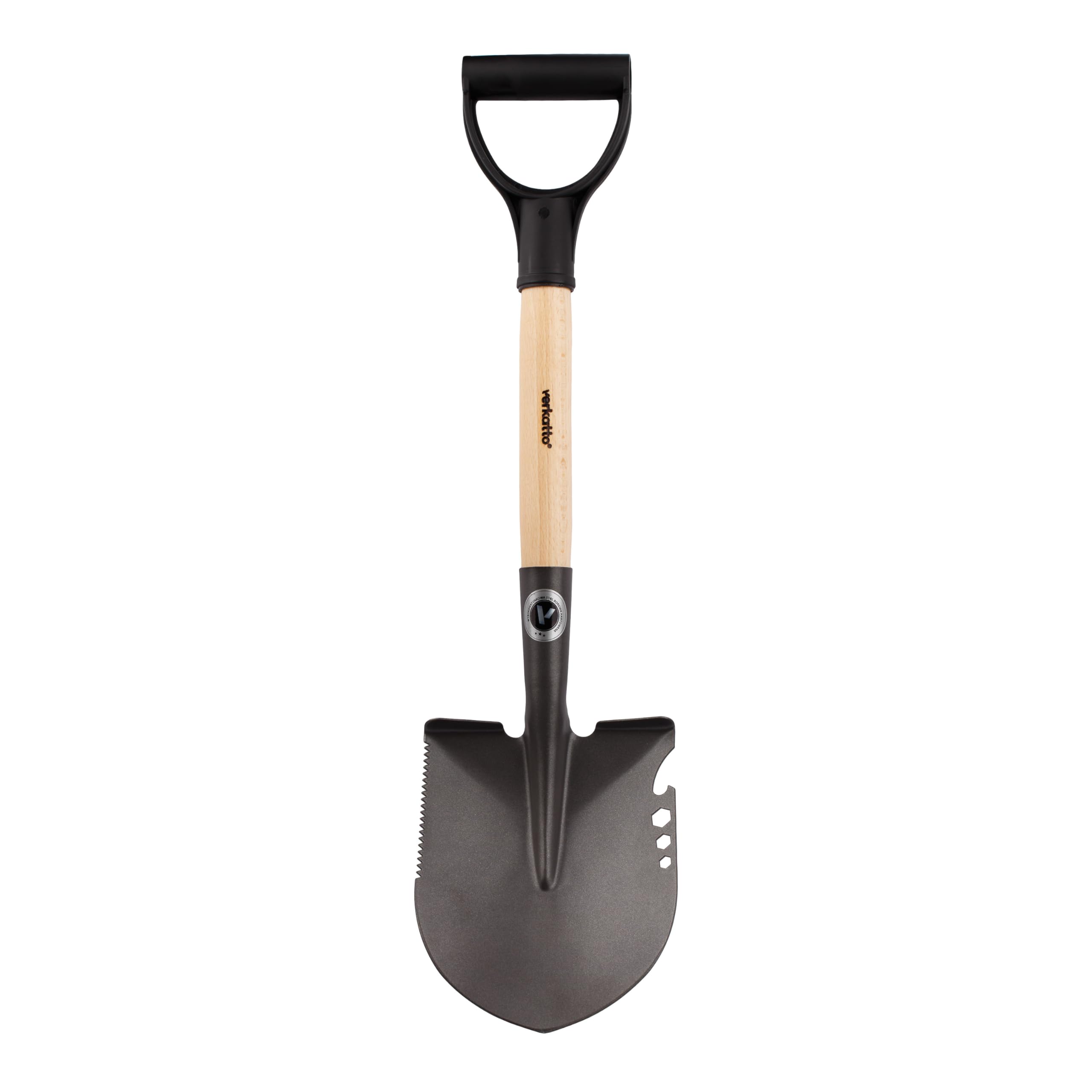 MIVOS Camping spade made of hardened boron steel, length 66 cm, spade shovel, survival shovel with wooden handle, small pointed spade with D-handle, grave spade, field spade, made in the EU