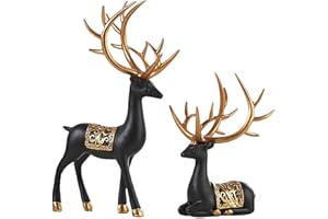 Set of 2 Christmas Reindeer Decor- Resin Tabletop Decor with Sitting & Standing Elk Figures for Holiday Mantel, Cabinet, and 