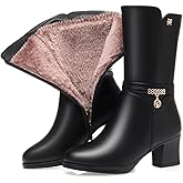 EGGDK Women's Warm Mid-Calf Leather Boots Comfortable Chunky Heel Side Zipper Fur Lining Winter Boots with Decorative Rhinestones & Pendant