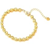 Gold Color Textured Bead Bracelet with Adjustable Chain and Heart Charm, Laser Grooved, for Women