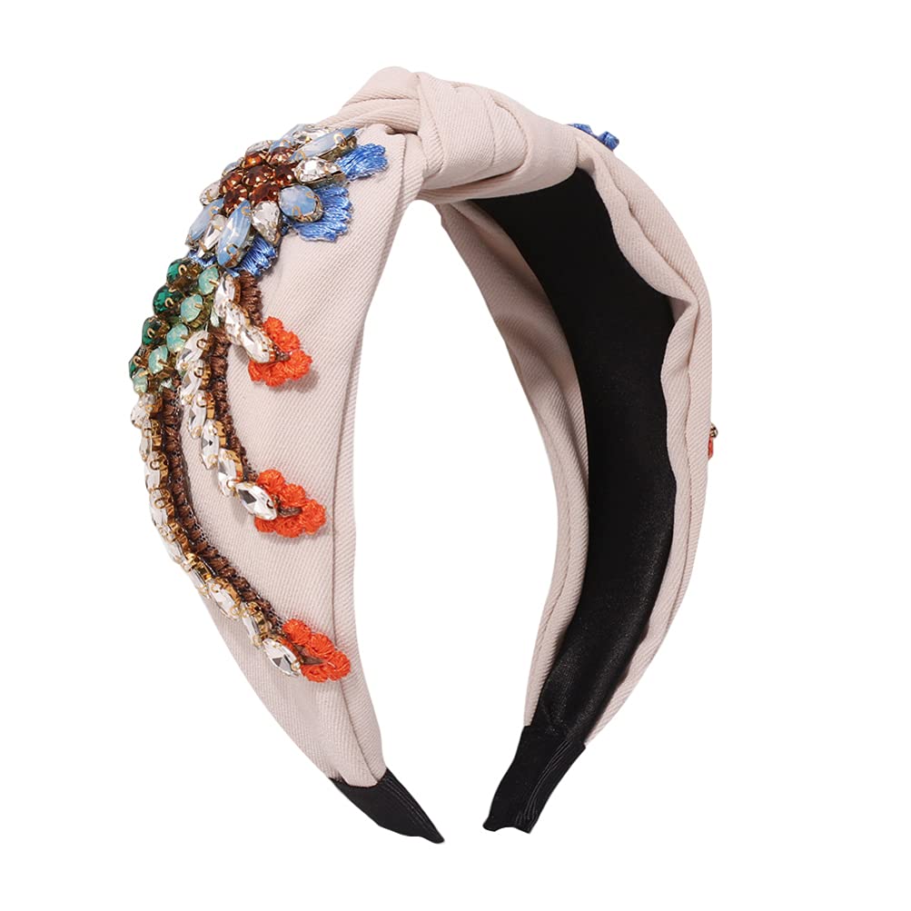 Lurrose Retro Wide Hair Hoop Boho Rhinestone Headband Beige Cloth Crystal Headband Wide Diamond Headdress Hair Accessories for Women Girls Decorative