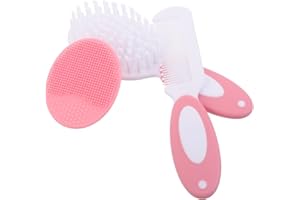 UTHCLO Hair Brush and Nylon Comb Set for Newborns Scalp Massage Brush with Silicone Scrubber Pink for Wet