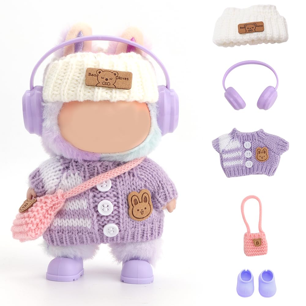 FIDWALL Doll Clothes for Labubu,5-Piece Outfit Set for 17cm Dolls,Handcrafted Crochet Clothing with Knitted Headband,Headphones,Shoulder Bag & Shoes,Lovely Doll Accessories (No Doll) (Lavender Purple) — image 1