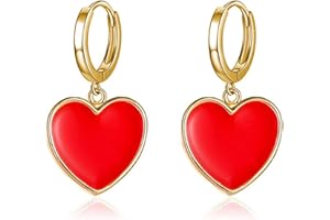 ONLYJUMP 14K Gold Plated Huggie Earrings For Women CZ Tiny Small Hoop Earrings Red Enamel Heart Ear Cuff Initial Huggies Earrings Minimal Jewelry