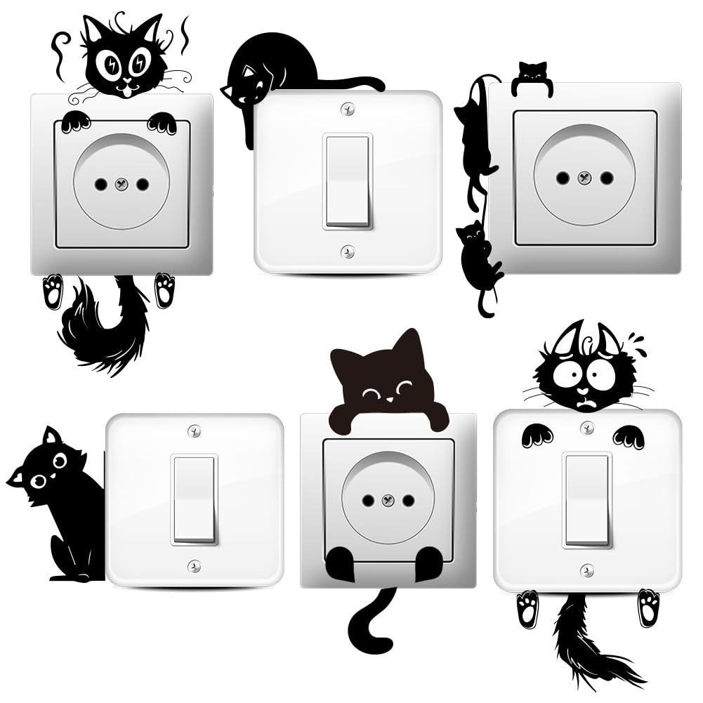 AHANDMAKER 6 Types Cute Black Cats Cartoon Switch Stickers, Black Cats Cartoon Creative Wall Sticker Peeping Cat Light Switch Decals Sticker for Light Switch, Outlets, Ledge, Vehicle or Home Decor