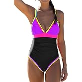 popvil Black One Piece Swimsuit Women 2025 Color Block Bathing Suit Plunge Shell Trim Swimwear Tie Back
