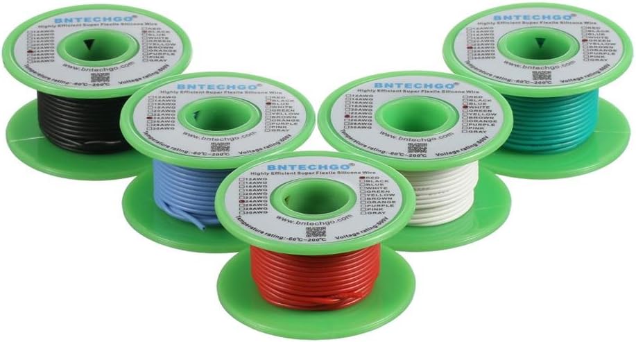 BNTECHGO Ultra Flexible 24 Gauge Silicone Wire Spool 5 Color Red Black White Blue Green High Resistant 200 deg C 600V Electronic Wire 24 AWG Stranded Wire 40 Strands Tinned Copper Wire Hook Up