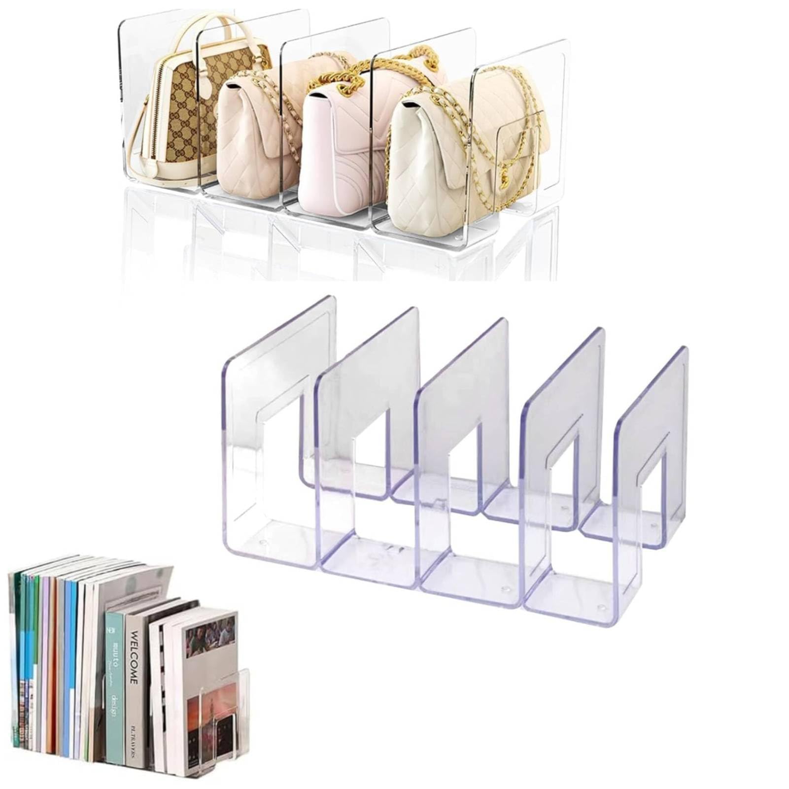 Gsycle Closet Bag Divider Organiser, Stackable Clear Acrylic Handbag Storage Shelf Dividers Purse Separator Closet Handbag Organizer for Bedroom Kitchen Cabinet Shelves (Four Squares)