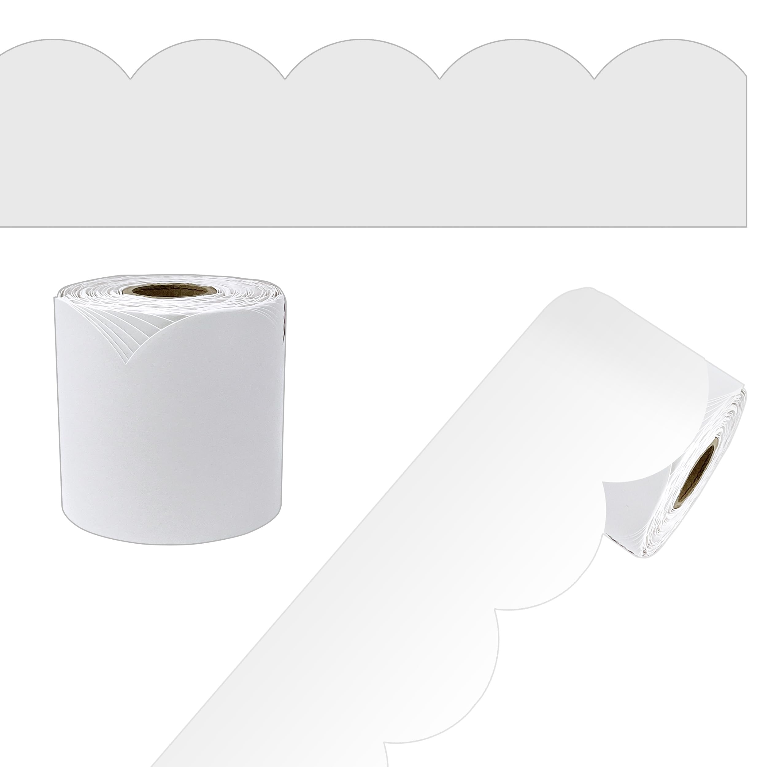 Carson Dellosa 65Ft of White Bulletin Board Borders, 1 Roll of Scalloped Trim for Rolling Whiteboard, Cork and Posterboard, Party, Office Decorations, and Classroom Decor