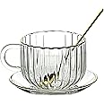 amokk Clear Glass Mugs Tea Cup and Saucer with Spoon for Coffee, Milk, Tea 15 Oz