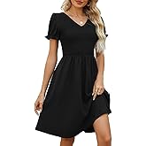 EeYu Women's Summer Dress Casual Short Sleeves V-Neck Flowy Smocked Knee Length Dresses with Pockets