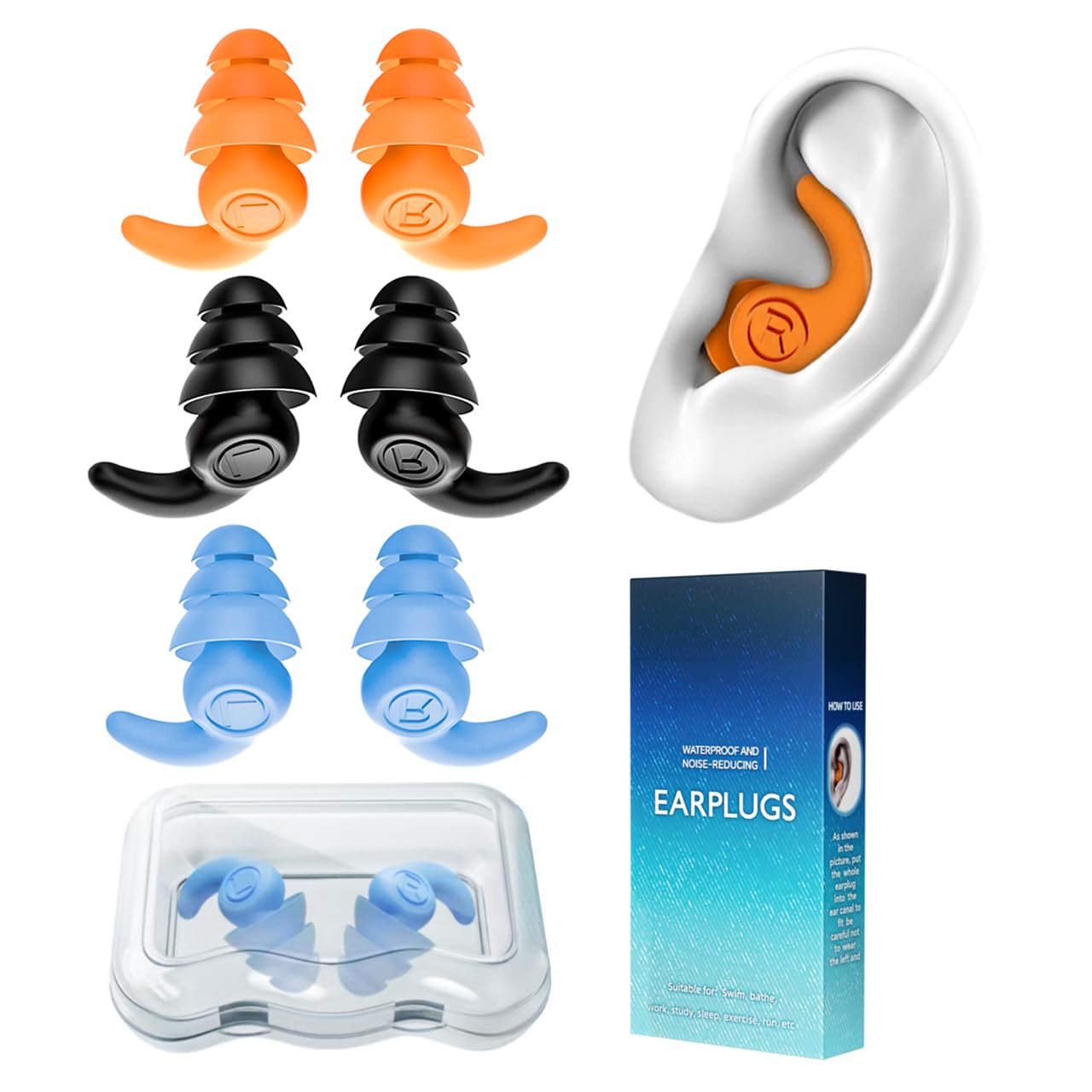 Photo 1 of Waterproof Swimming Ear Plugs for Adults, 3 Pairs Reusable Silicone Swimmer Earplugs, Ear Protection for Showering Swimming Bathing Surfing and Other Water Sports