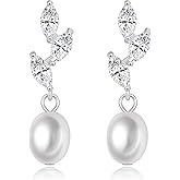 Wrlcorly Pearl Earrings for Women 14K Gold Pearl Drop Dangle Earrings Cubic Zirconia Leaf Pearl Stud Simple Wedding Earrings for Brides Pearl Tassel Earring Statement Jewelry Gifts Gold Silver Tone