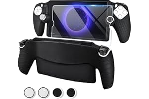 EasEasy Compatible for PlayStation Portal Case, Soft Silicone Protective Cover with 9H Tempered Glass Screen Protector for PS5 Portal Anti-Scratch Skin Case with 4 Cute Thumb Grip Caps-Black