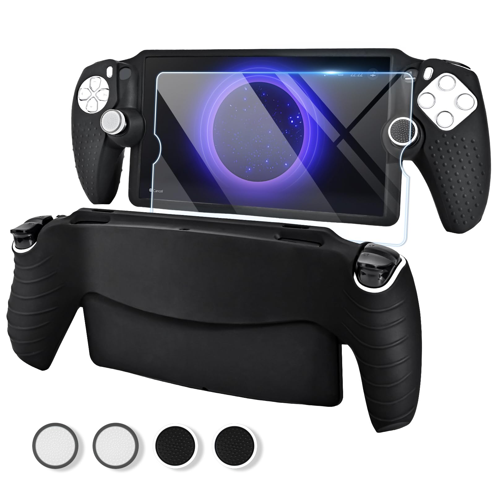 EasEasy Compatible for PlayStation Portal Case, Soft Silicone Protective Cover with 9H Tempered Glass Screen Protector for PS5 Portal Anti-Scratch Skin Case with 4 Cute Thumb Grip Caps-Black