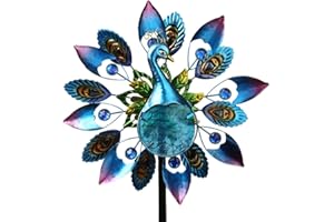 TEYIGARDEN Peacock Metal Wind Spinners Outdoor, 360 Degree Rotation Kinetic Windmill Sculptures with 4 Prong Stake for Yard, Garden, Lawn Decor, 12.5" W x 48.4" H
