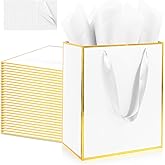 Addblu 28 Pack Bulk Luxury Gift Bags with Handles, Medium Size 9x7x3.15 Inches - Includes 28 Tissue Papers for Wedding, Birthday, Baby Shower, Thanksgiving, Christmas, & Party Favors (White with Gold Foil Trim)