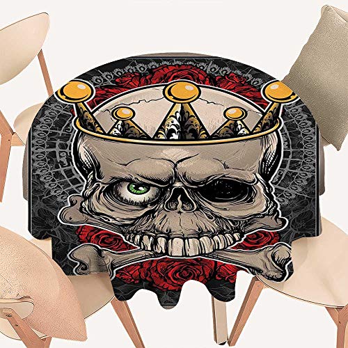 haommhome Gothic Tassel Tablecloth Skull with Crown Roses Bones Dead King Halloween Illustration Art Round Tablecloth D 70" Tan Marigold Dark Grey Red