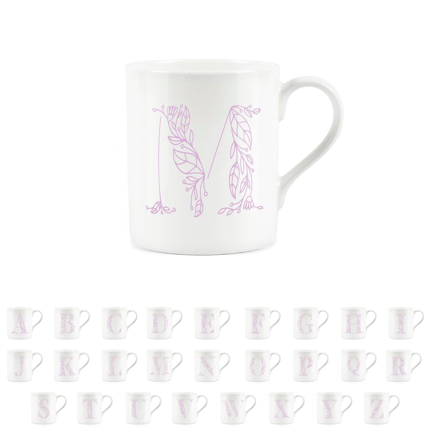 Purely Home Floral Pink Letter M Mug - Fine Bone China Small Coffee Tea Mug Present Personalised Initial Gift