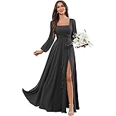 WIVDU Long Sleeves Chiffon Bridesmaid Dresses for Women Square Neck A-Line Ruched Formal Gowns with Slit