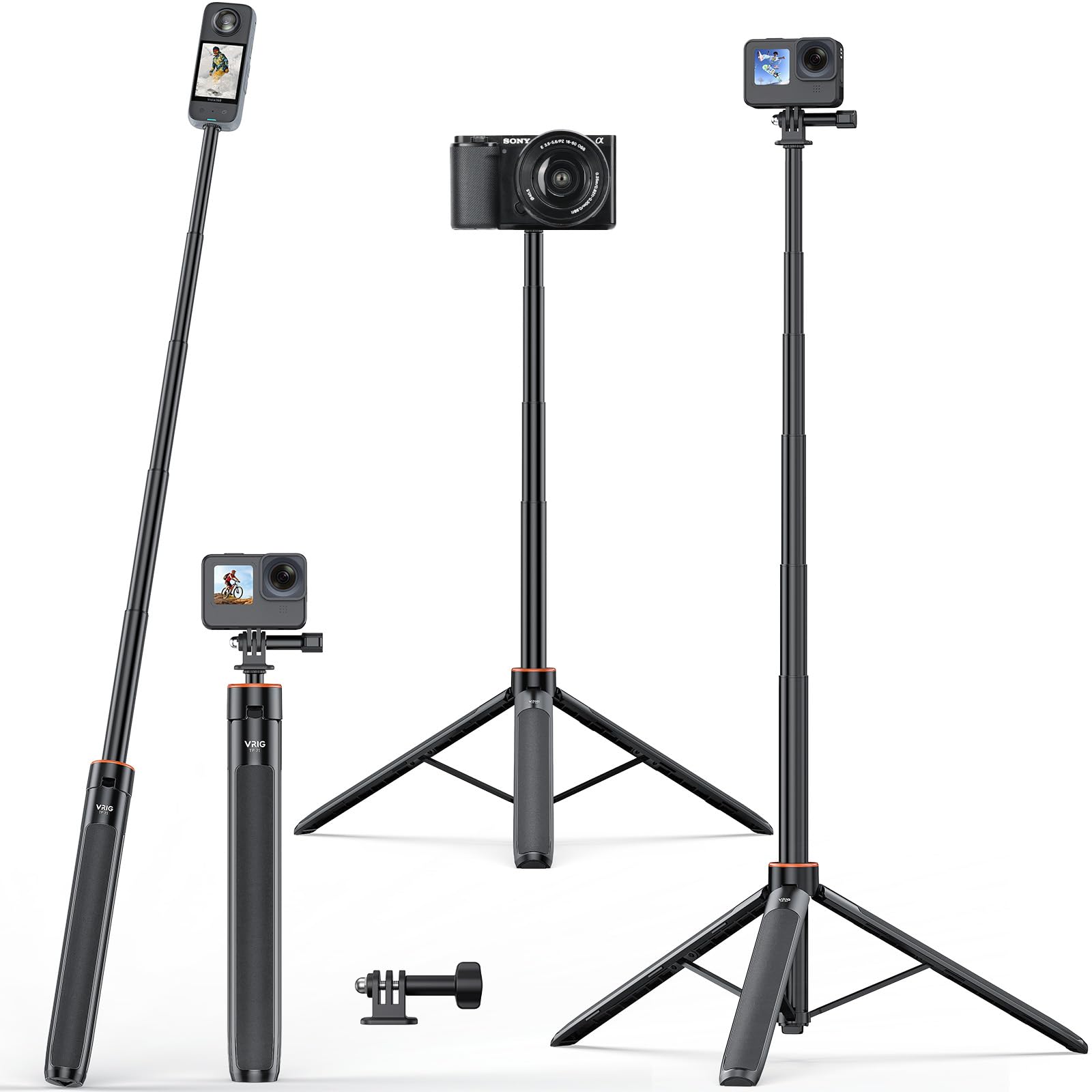 VRIG Direct 55" Extendable Camera Tripod for Action Cameras, Insta360, GoPro, DJI Osmo, Black