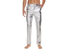 WISHU Metallic Shiny Disco Pants for Men, 70s/80s Party Rave Pants, Vintage Cosplay Straight Leg Trousers