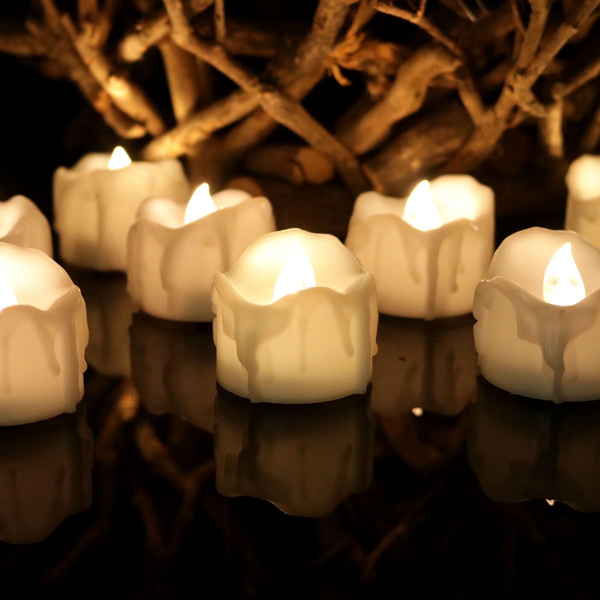 Amazon Com Youngerbaby 12pcs Warm White Flickering Tea Light Candles With Decor Rose Petals Flameless Wax Dripped Battery Powered Led Tealights For Wedding Christmas Party Room And Back Yard Home Kitchen