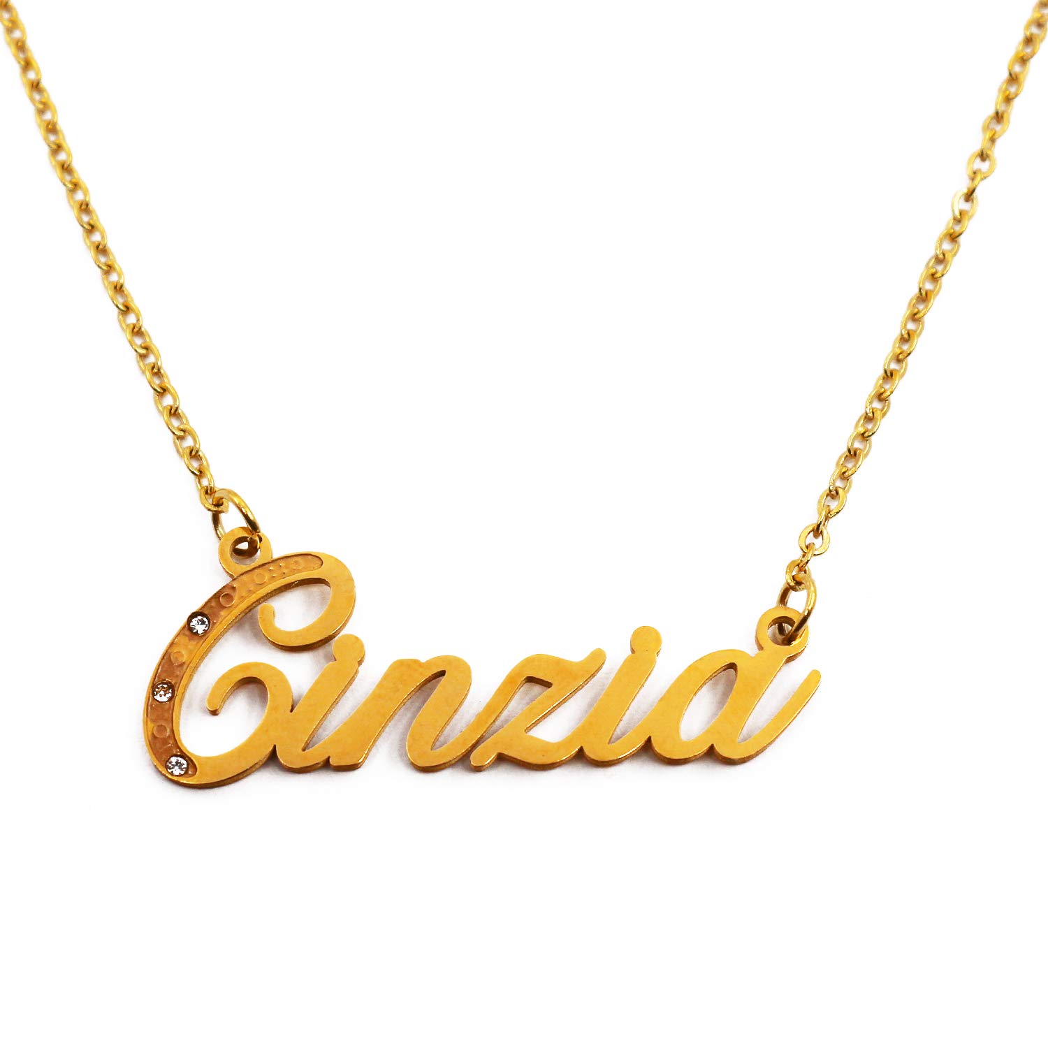 Kigu Cinzia Italic Personalised Name Necklace With Cubic Zirconia Gold Plated, Custom Dainty Name Pendants, Jewellery for Ladies, Girlfriend, Mother, Sister, Friends